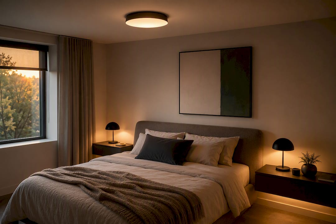 Layered bedroom lighting with ambient, task, and accent