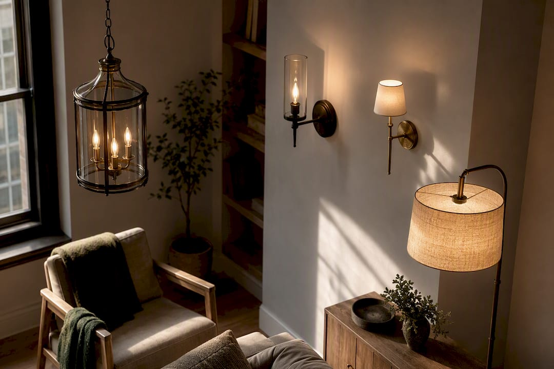 Living room with mixed metal lighting fixtures
