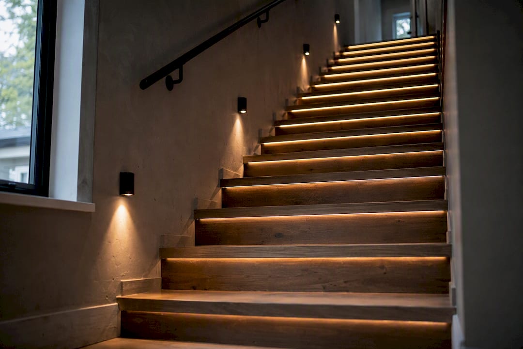 Layered staircase wall lighting with sconces and step lights