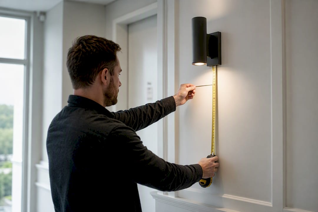 Close-up of hand measuring wall sconce projection