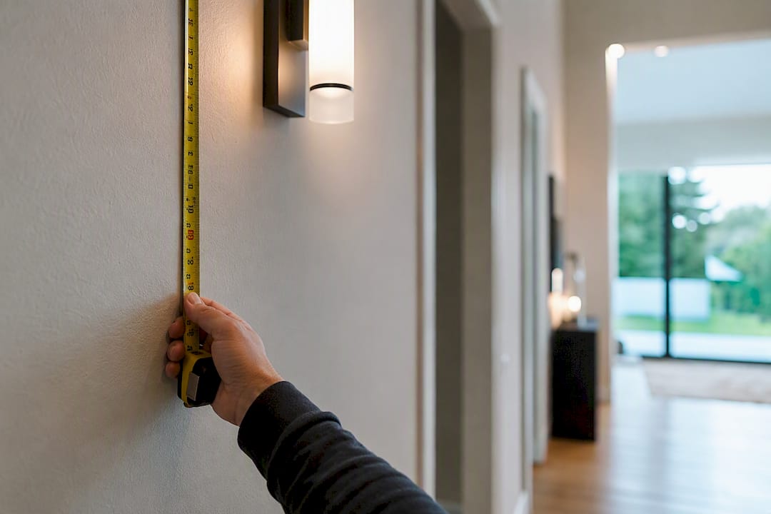 Hand measuring wall sconce height in hallway
