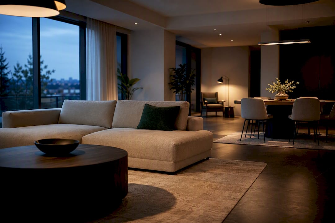 Open-plan home with layered lighting zones