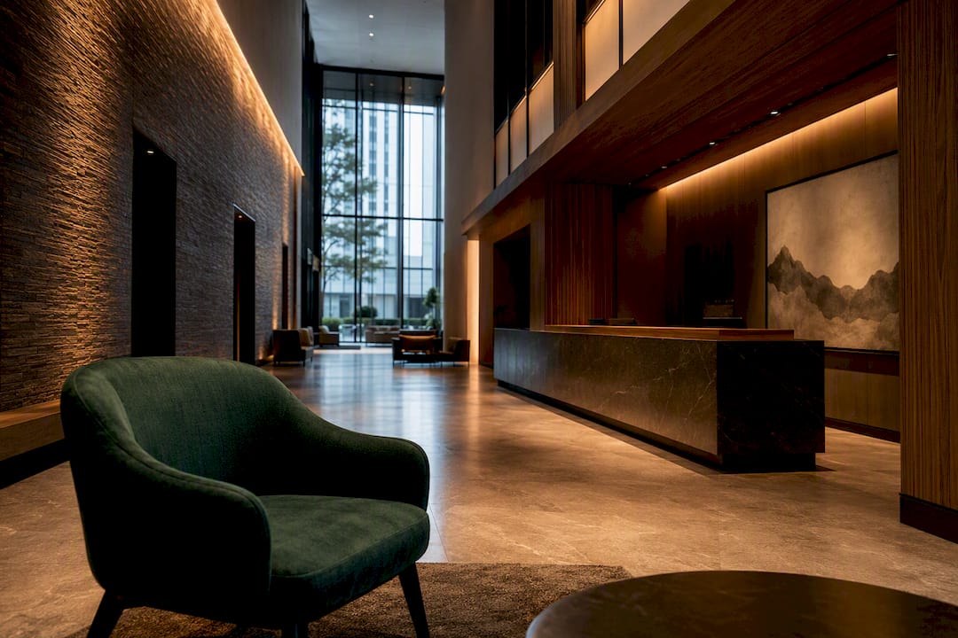 Layered lighting in a hotel lobby