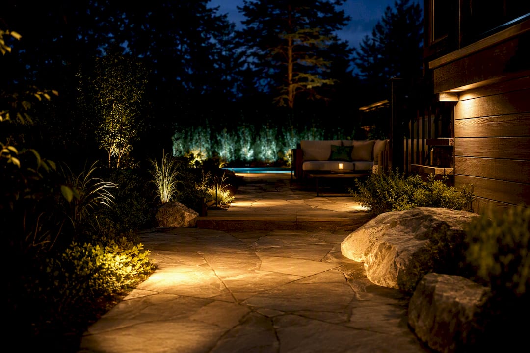 Warm outdoor lighting across a Canadian backyard