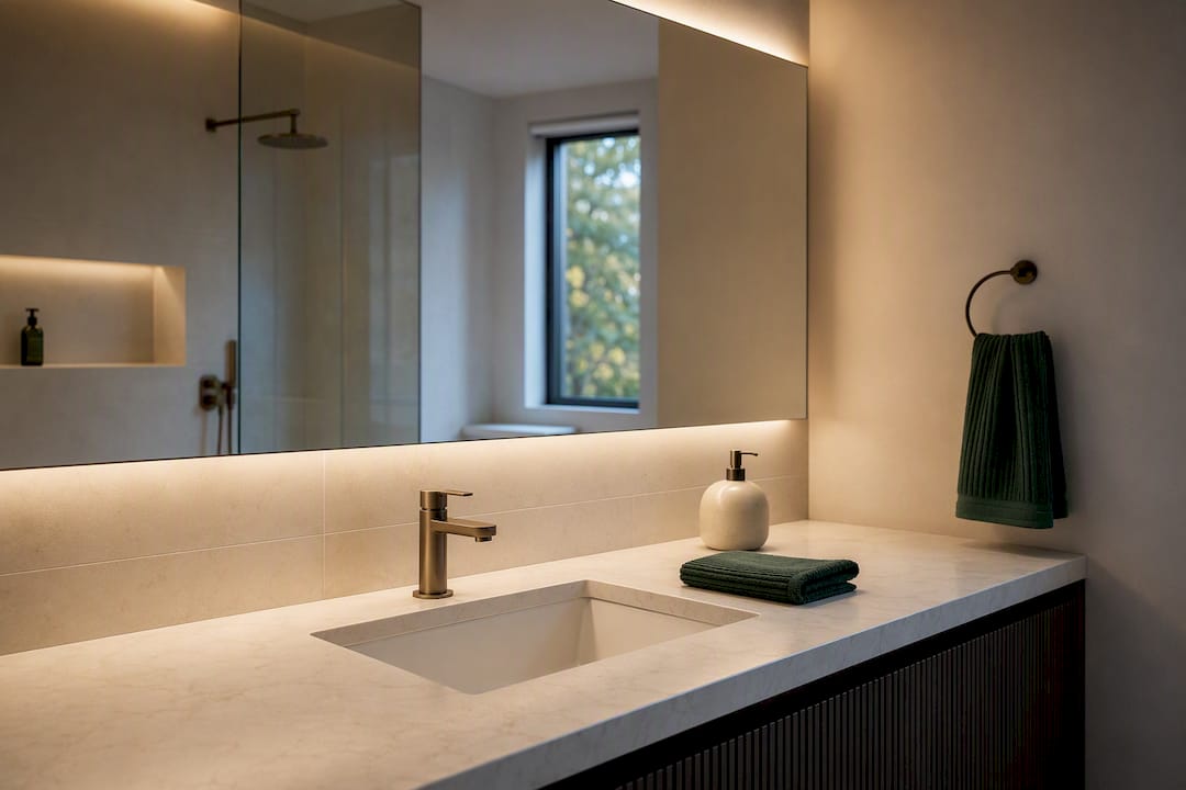 Bathroom vanity under balanced neutral lighting
