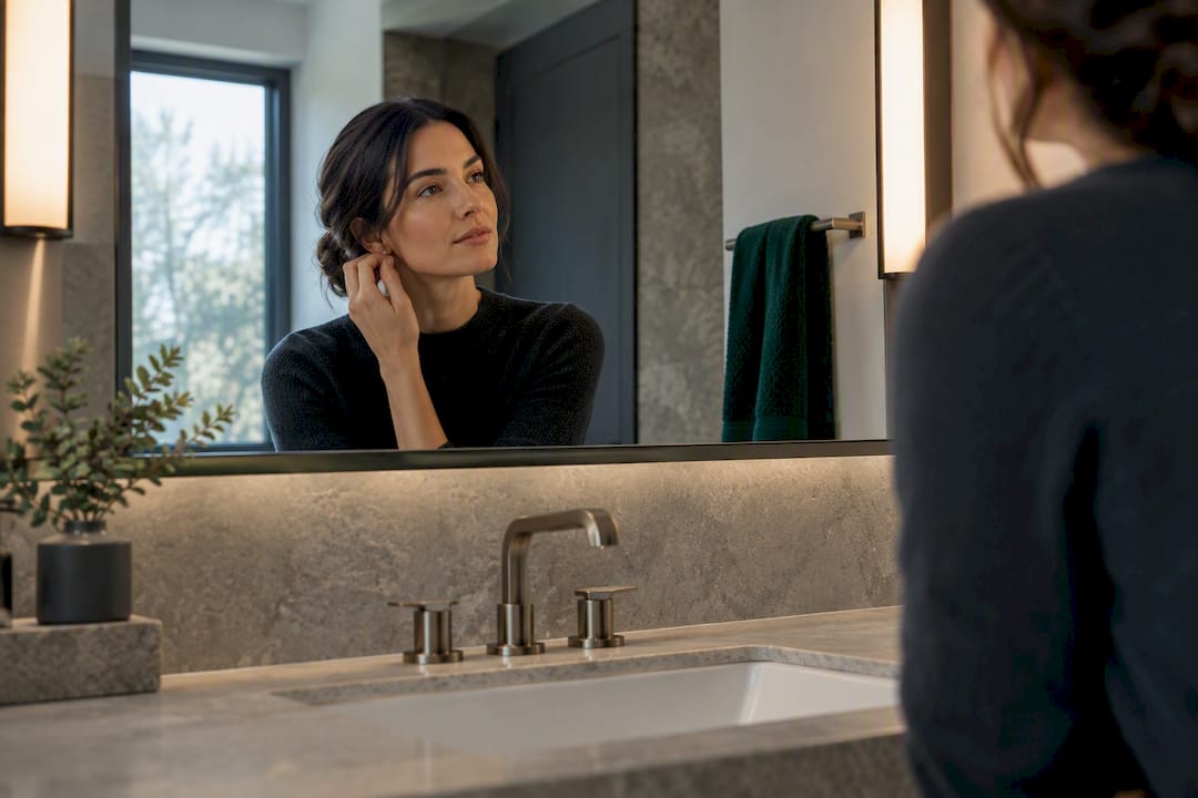 Powder room mirror with balanced sconce lighting