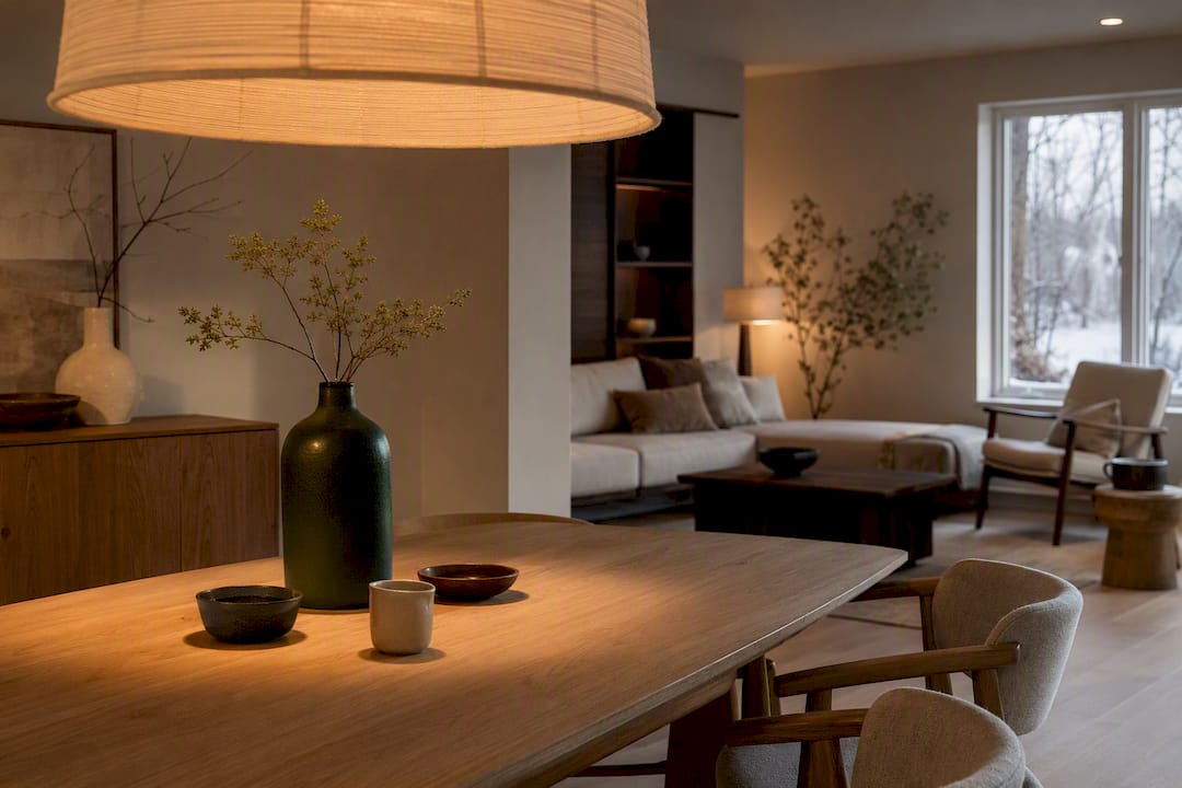 Japandi dining room with warm layered lighting
