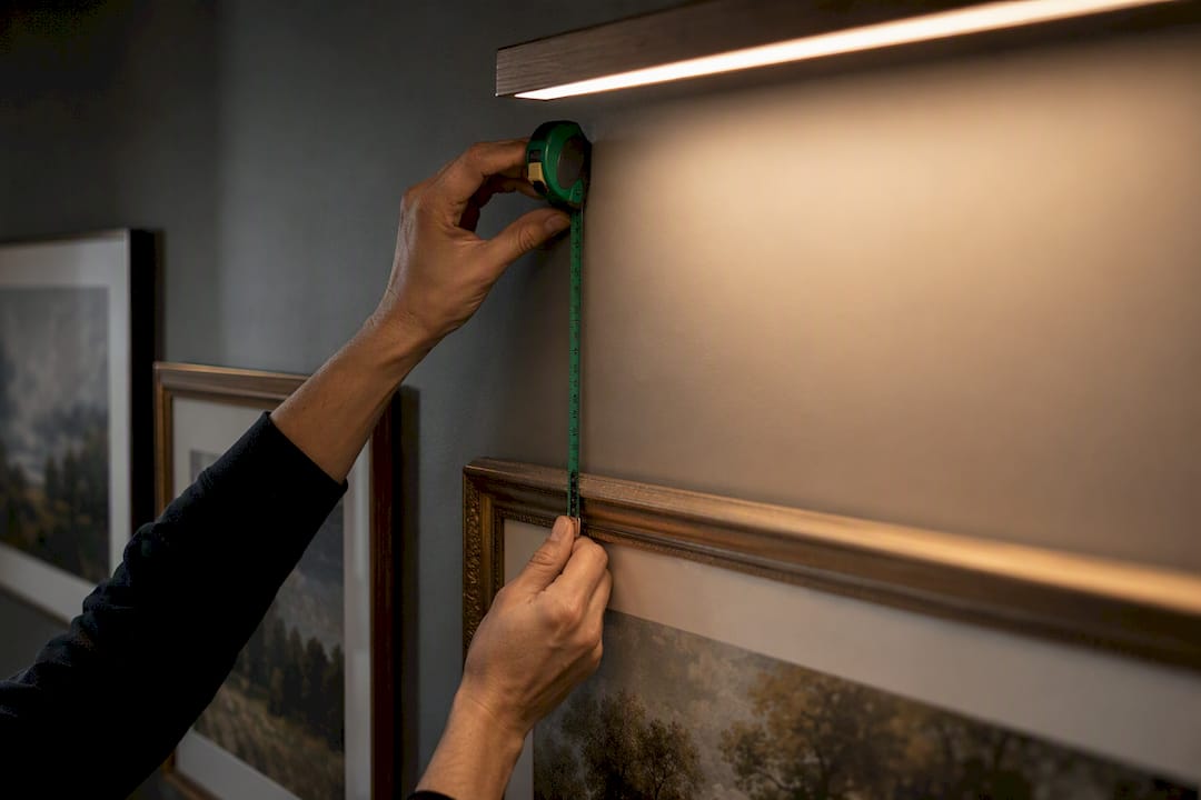Hands measuring picture light above framed artwork