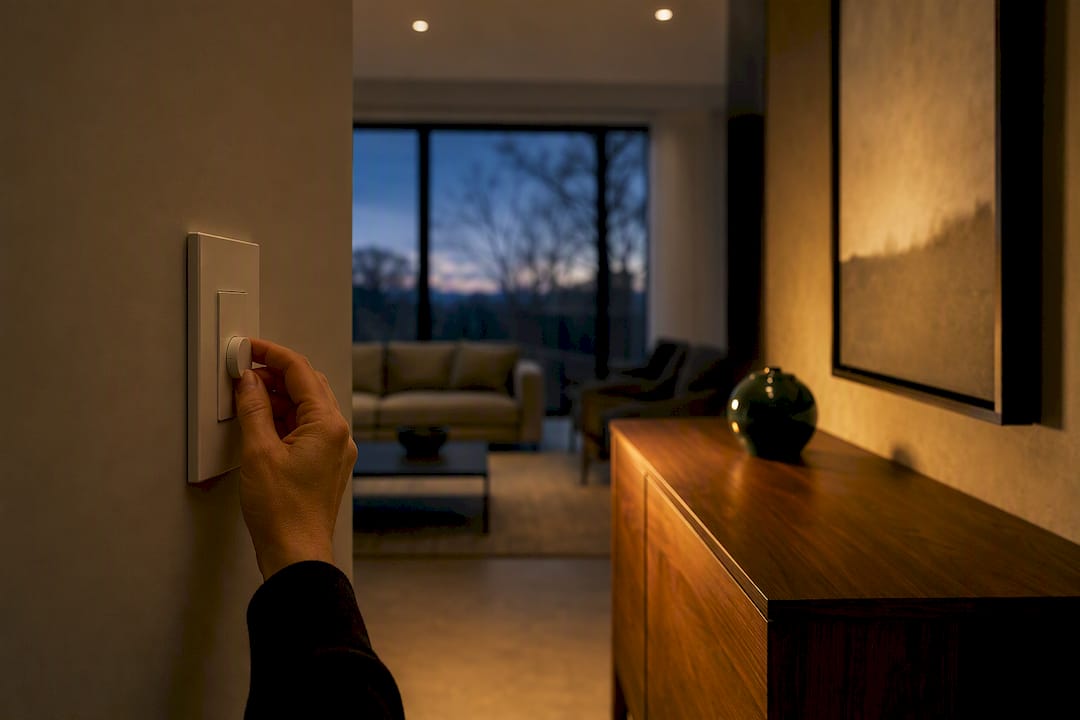 Hand lowering dimmer as room light turns amber