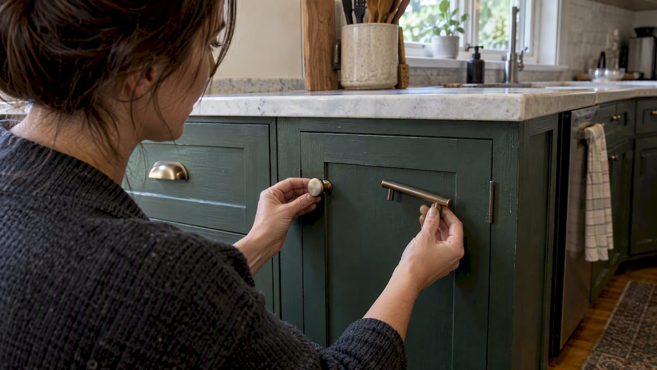 Homeowner comparing cabinet knobs and pulls