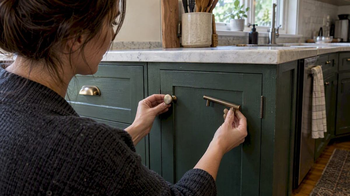 Homeowner comparing cabinet knobs and pulls