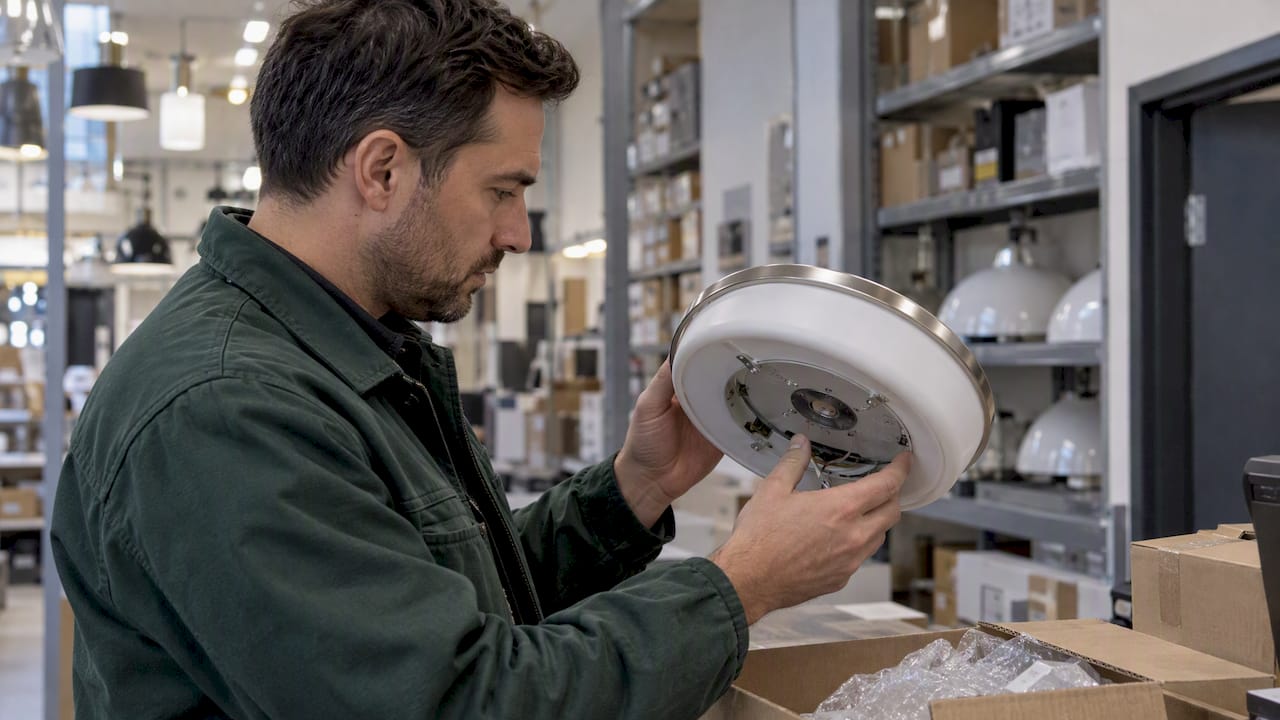 Buyer inspecting a light fixture certification mark
