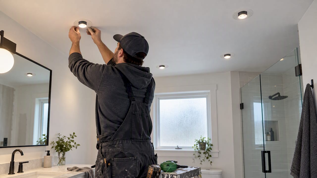 Bathroom ceiling with spaced recessed downlights