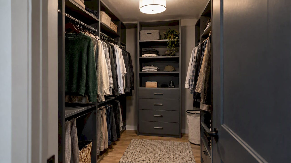 Walk-in closet illuminated by ceiling lighting