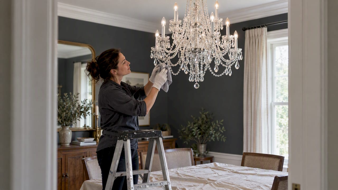 Homeowner wiping a crystal chandelier before guests