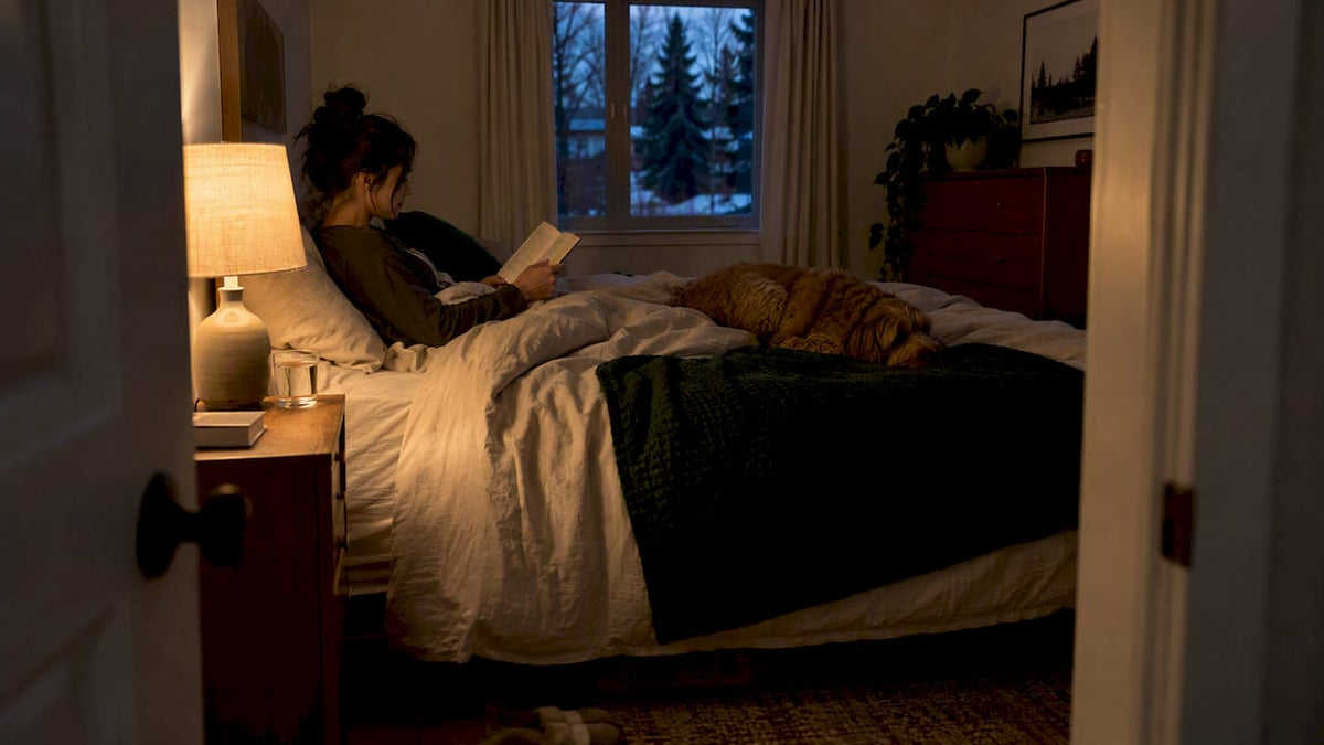 Warm bedside lamp lighting a bedroom