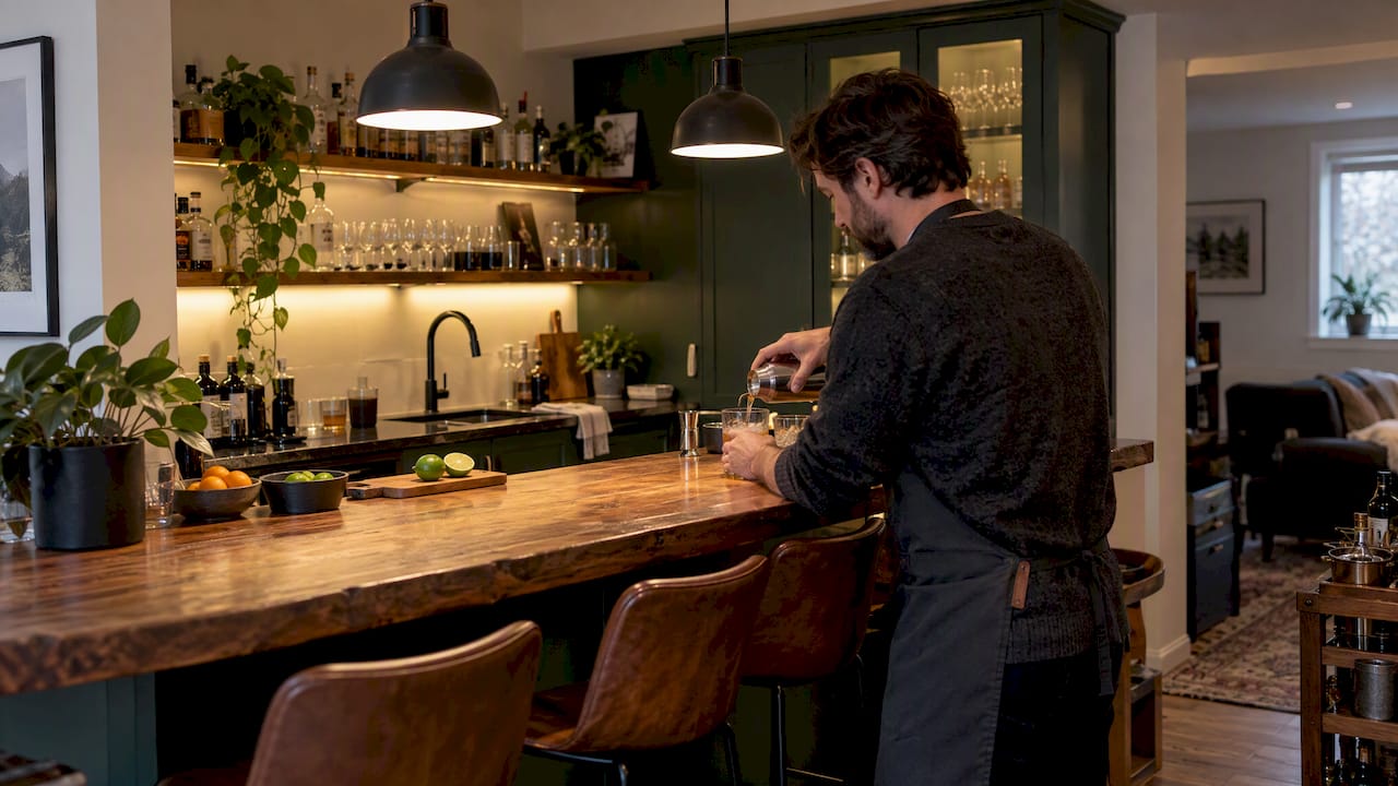 Layered lighting over a Canadian home bar