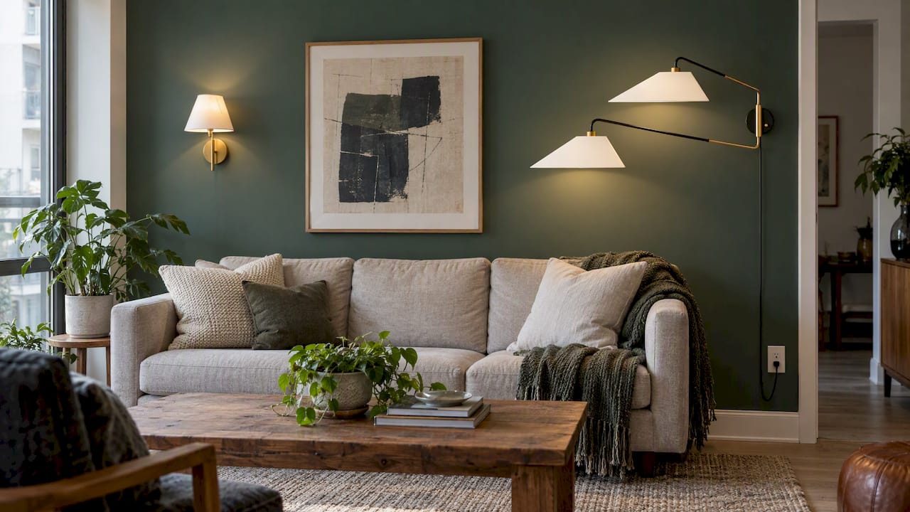 Hardwired and plug-in sconces on a condo wall
