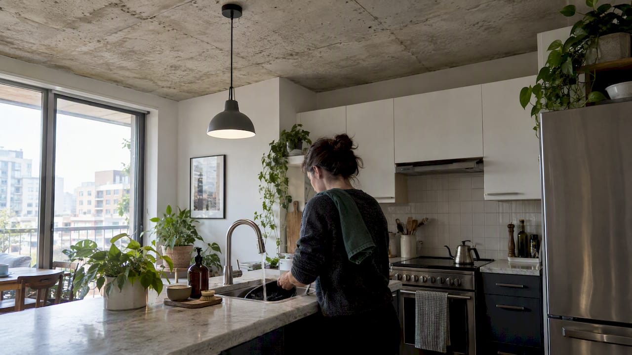 Pendant hanging above sink beneath concrete ceiling