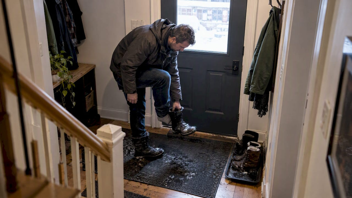 Homeowner removing wet boots in a lit mudroom