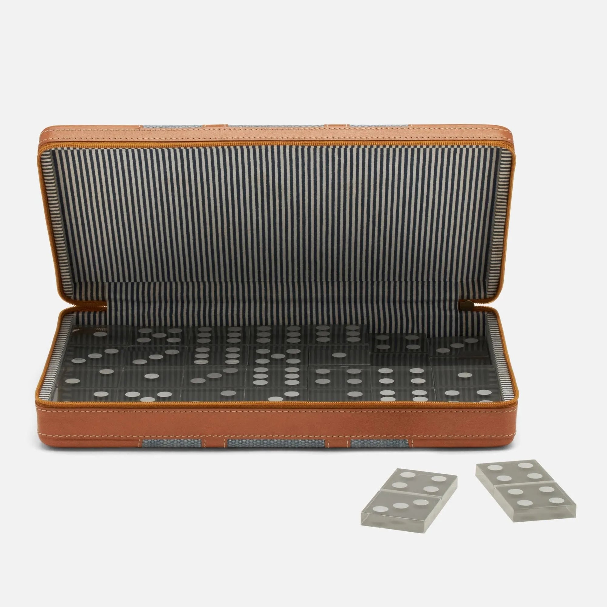 Pigeon and Poodle - PP004666 - Marlow Domino Set - Marlow - Light Blue Cotton Jute/Aged Camel Full-Grain Leather