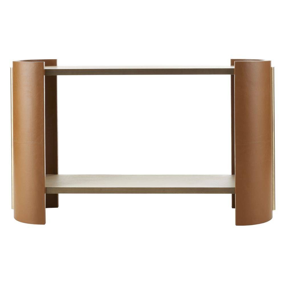 Arteriors - FLI04 - Console - Warley - Chêne fumé/Cuir roux/Laiton antique