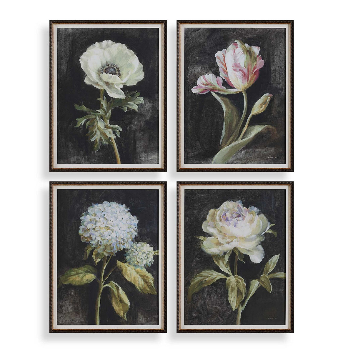 Uttermost - 32426 - Tirages encadrés, lot de 4 - Motifs floraux sur fond noir et marron foncé