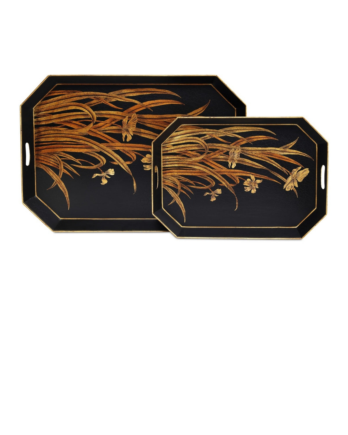 Currey and Company 1200-1063 Glasshouse Tole Tray Set of 2 in Black/Gold