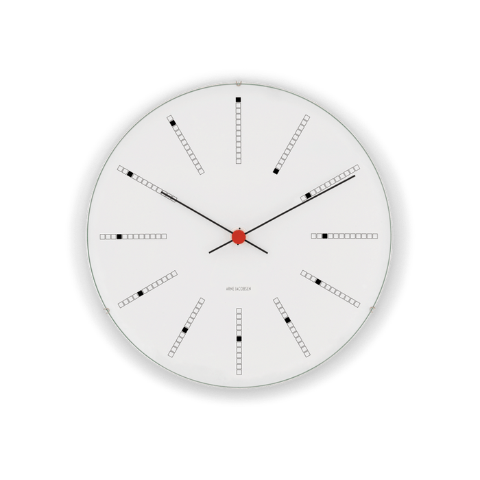 Horloge murale Arne Jacobsen Clocks 43630, modèle banquier, blanc/noir/rouge