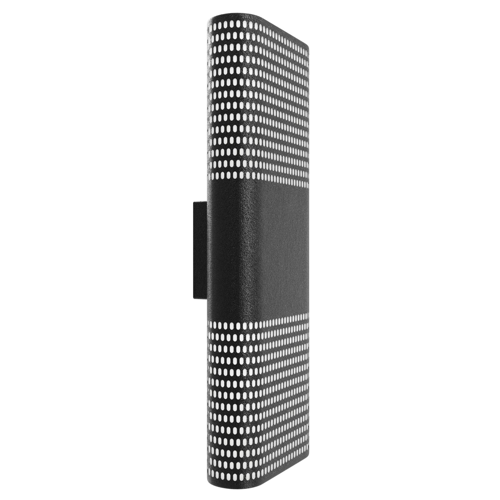 Avenue Outdoor LED Wall Sconce AV2218-BLK three-quarter angle — light glowing through perforated face reveals white diffuser behind
