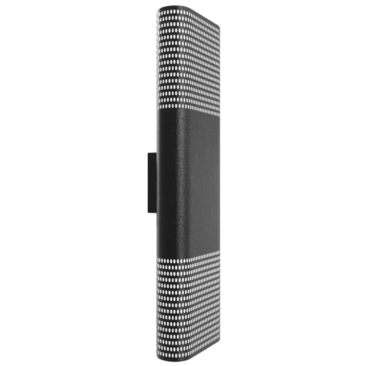 Avenue LED extérieure Murale AV2224-BLK vue de trois quarts — la lumière qui filtre à travers la face perforée révèle un diffuseur blanc à l'arrière