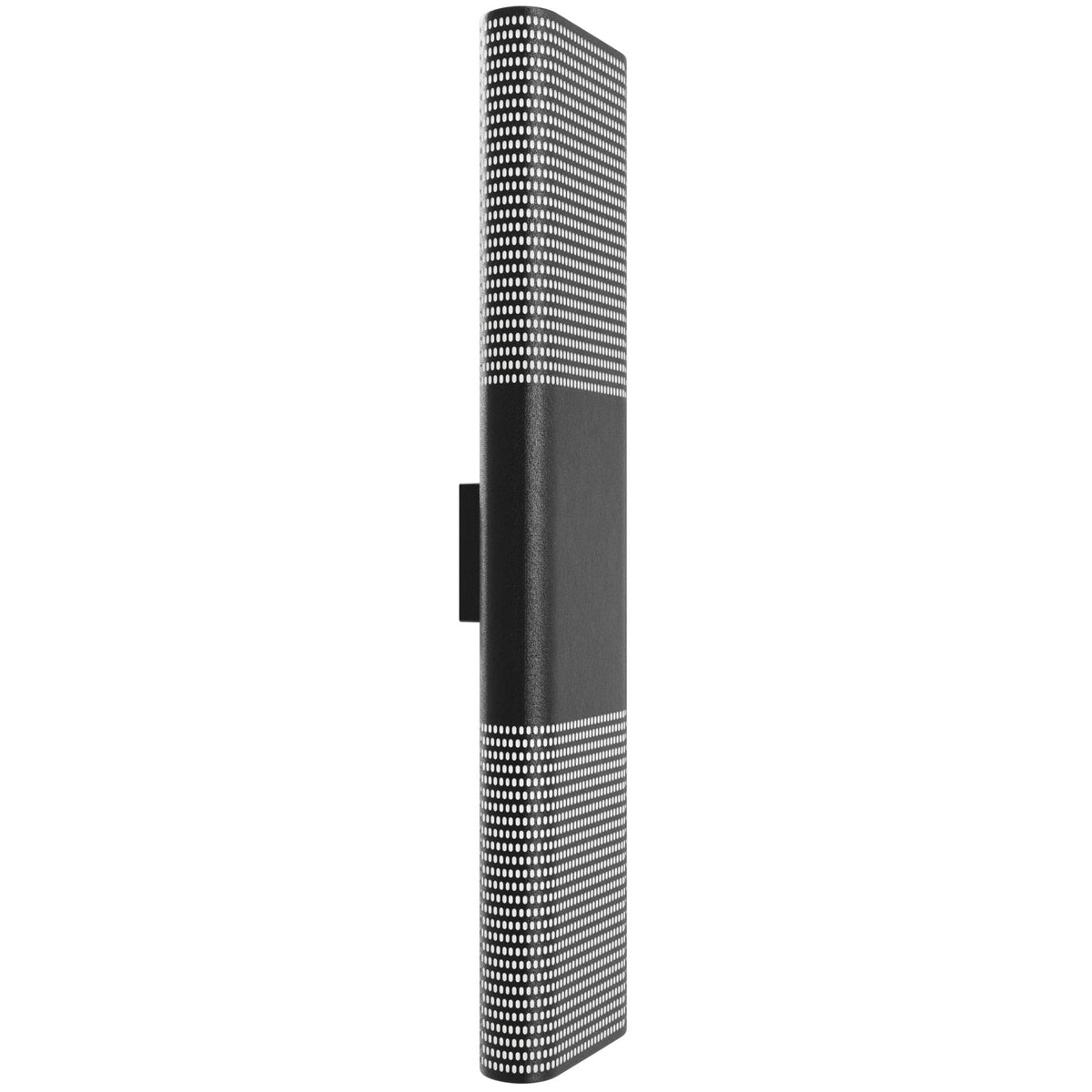 Avenue LED extérieure Murale Vue de trois quarts de l'AV2236-BLK — la lumière qui filtre à travers la face perforée révèle un diffuseur blanc à l'arrière