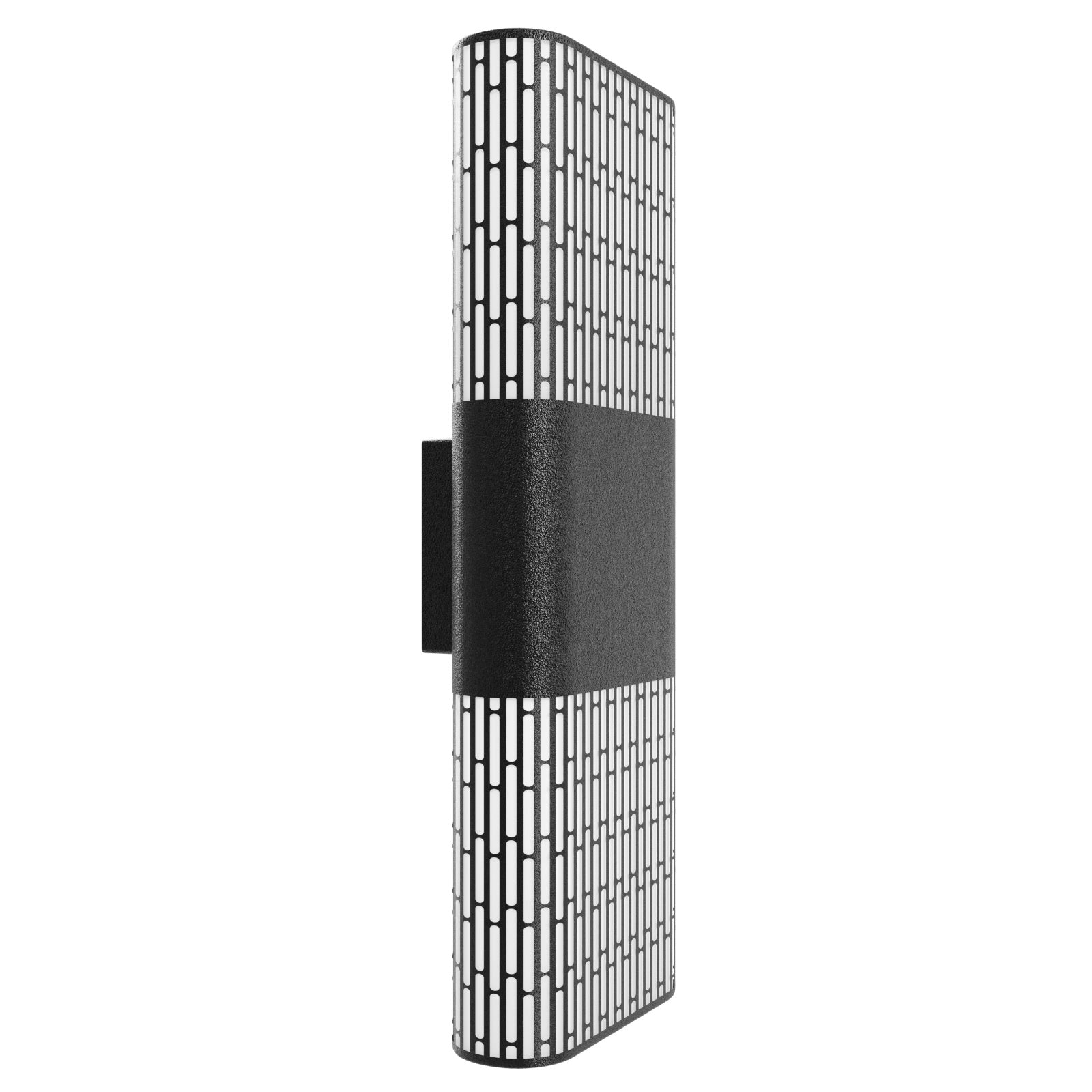 Avenue Outdoor LED Wall Sconce AV2318-BLK three-quarter angle — cross-hatch lattice face backlit by LED, warm glow visible through weave
