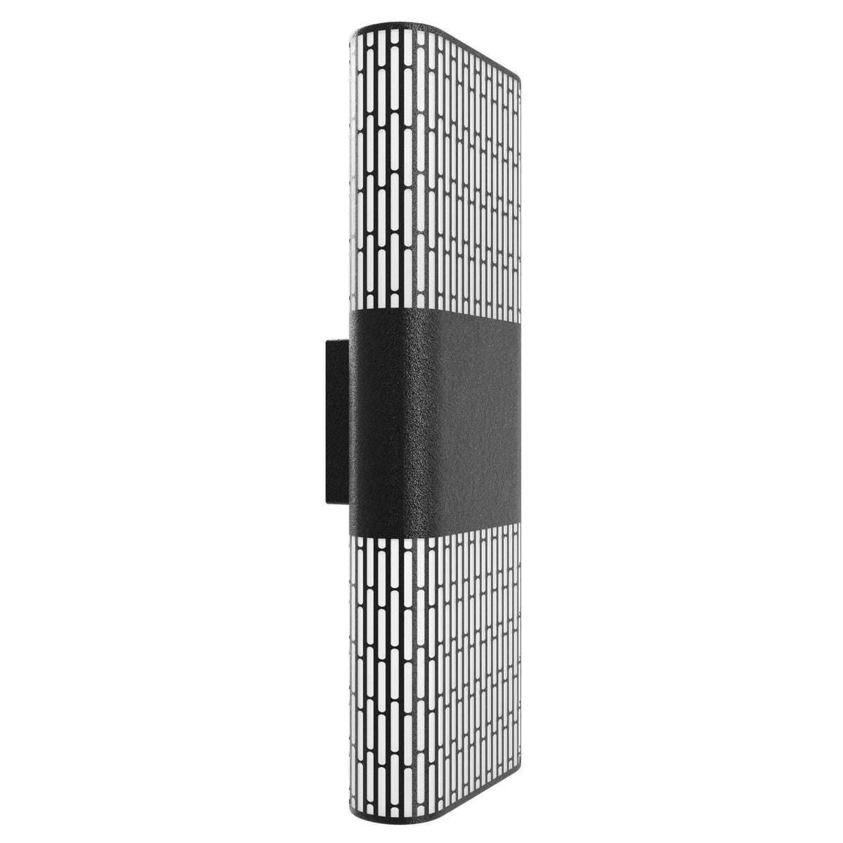 Avenue Outdoor LED Wall Sconce AV2318-BLK three-quarter angle — cross-hatch lattice face backlit by LED, warm glow visible through weave