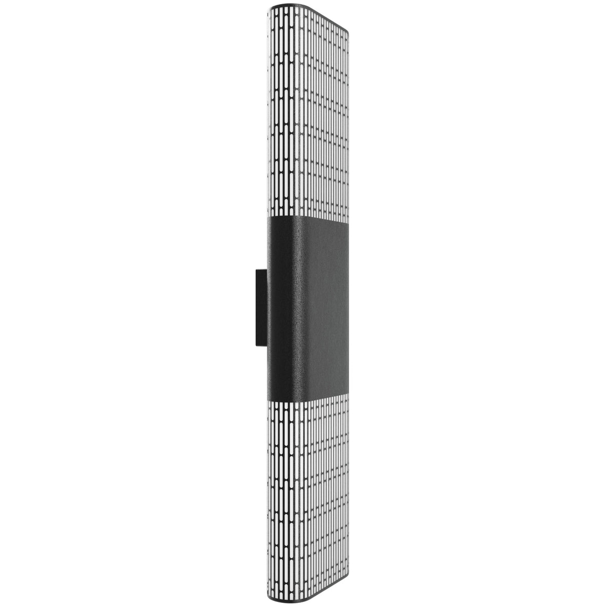Avenue Outdoor LED Wall Sconce AV2336-BLK three-quarter angle — cross-hatch lattice face backlit by LED, warm glow visible through weave