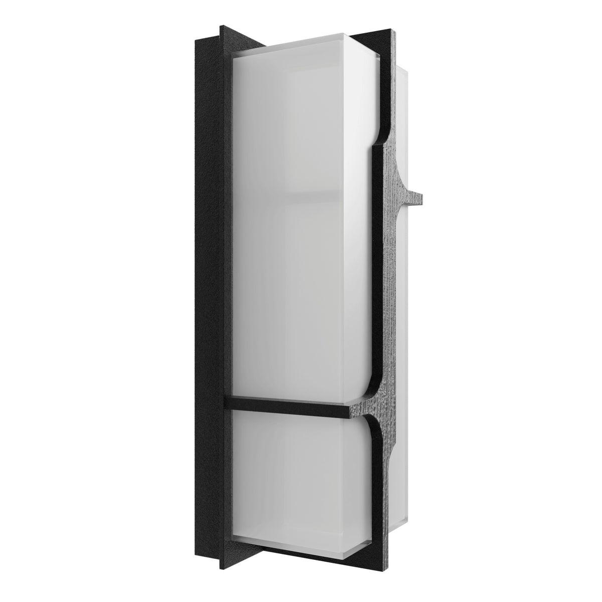 Avenue Outdoor Faux Wood Grain LED Wall Sconce AV2618-BLK three-quarter angle — warm wood-tone face contrasts with surrounding matte black frame