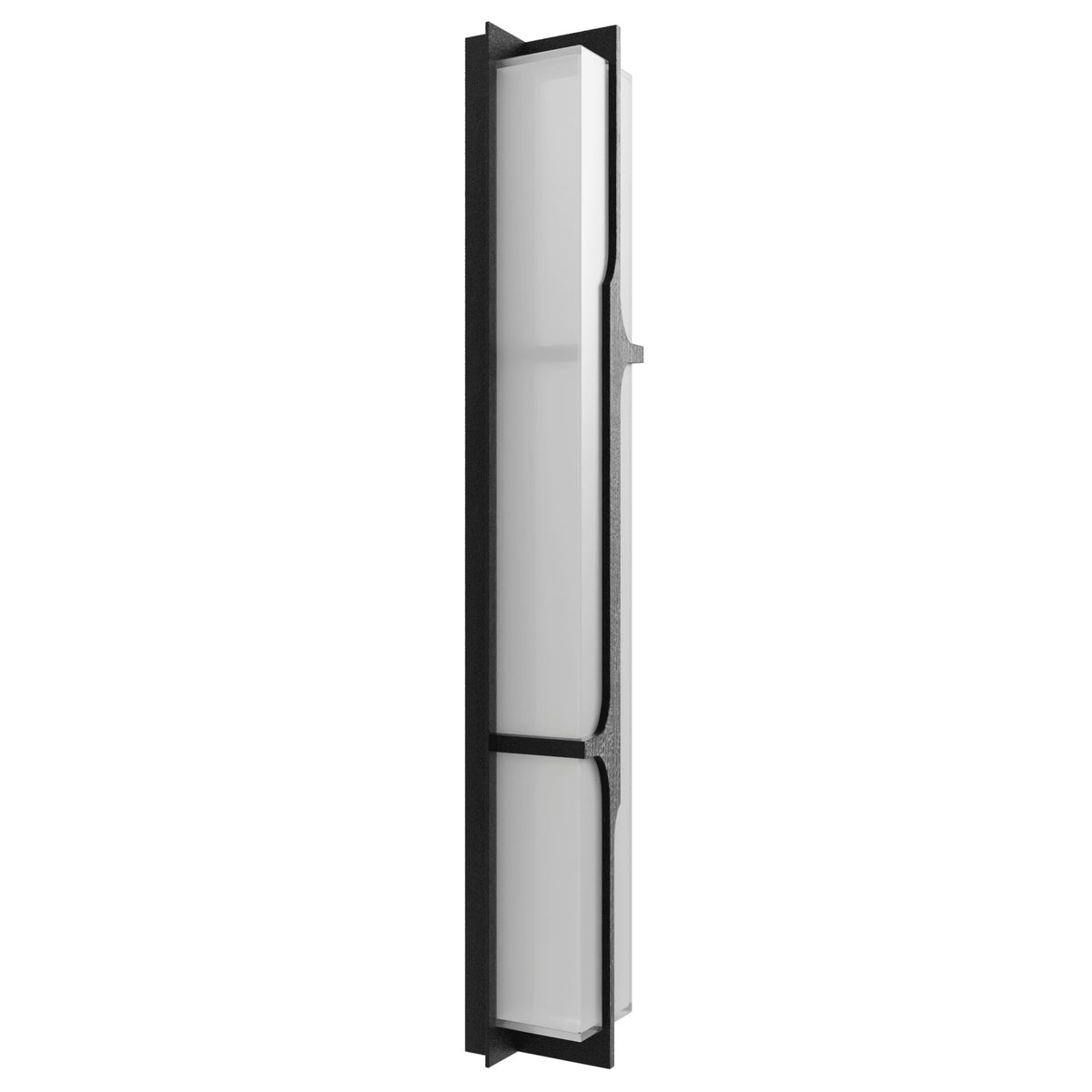 Avenue Outdoor Faux Wood Grain LED Wall Sconce AV2636-BLK three-quarter angle — warm wood-tone face contrasts with surrounding matte black frame