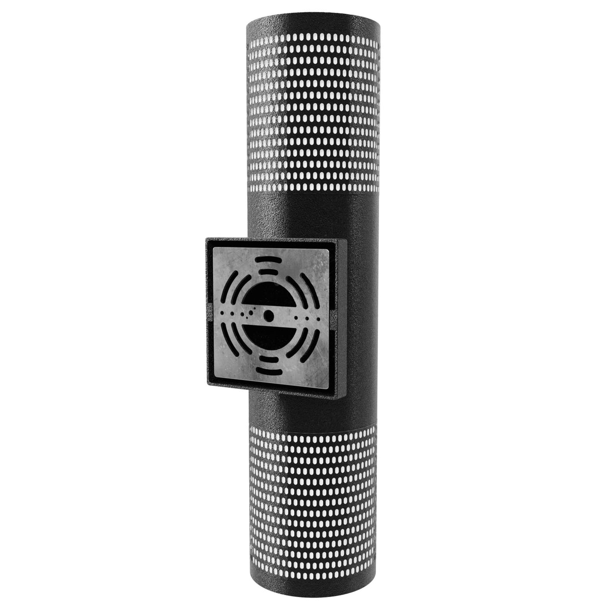 Avenue Outdoor Cylindrique Perforé LED Haut/Bas Murale AV2718-BLK angle trois quarts — dessus ouvert visible, la lumière est projetée vers le haut à travers un cylindre perforé