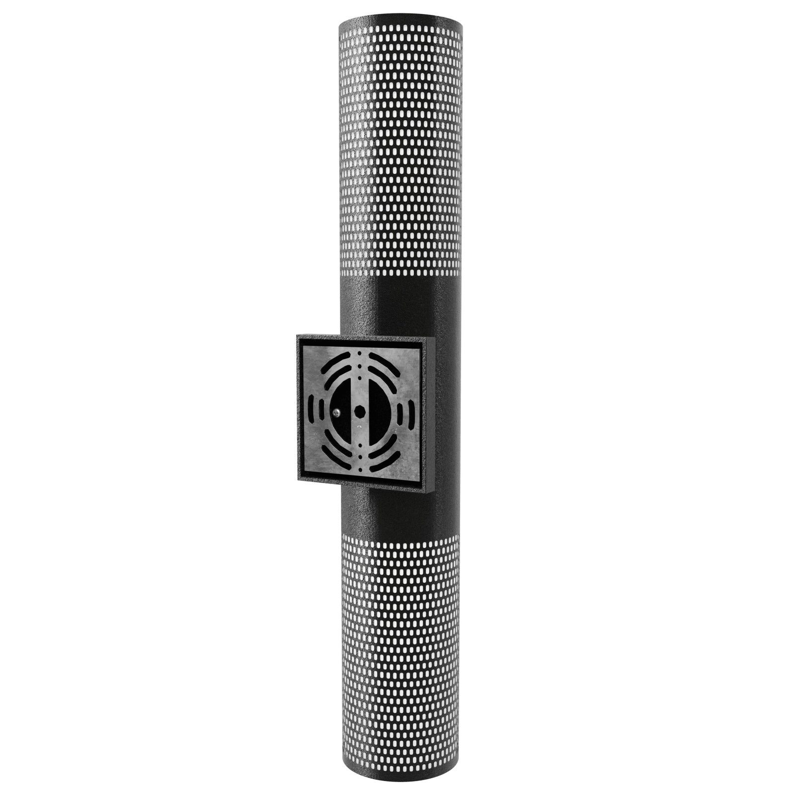 Avenue Outdoor Up/Down Cylindrical Perforated LED Wall Sconce AV2724-BLK three-quarter angle — open top visible, light projects upward through perforated cylinder
