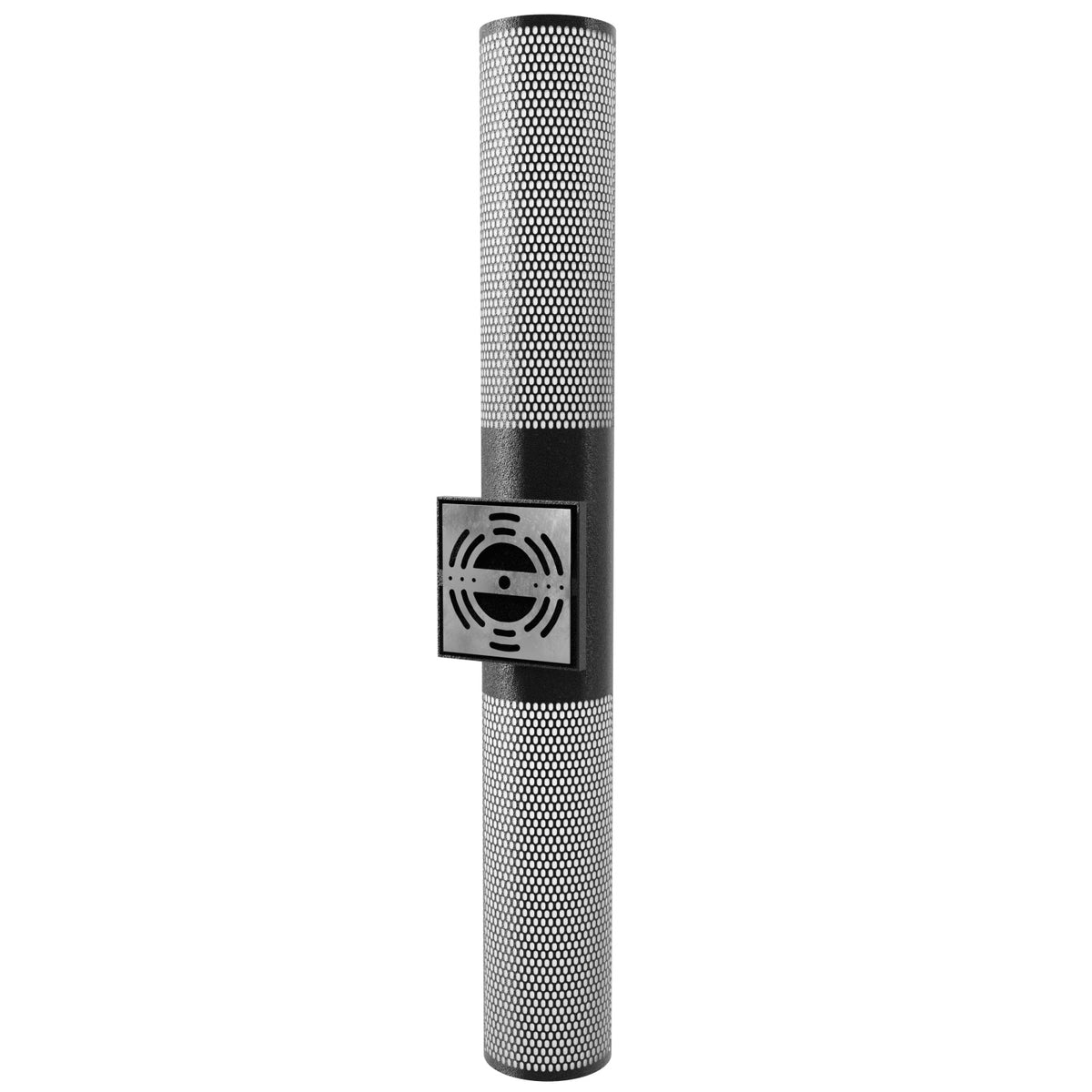 Avenue Outdoor Cylindrique Perforé LED Haut/Bas Murale AV2736-BLK angle trois quarts — dessus ouvert visible, la lumière est projetée vers le haut à travers un cylindre perforé