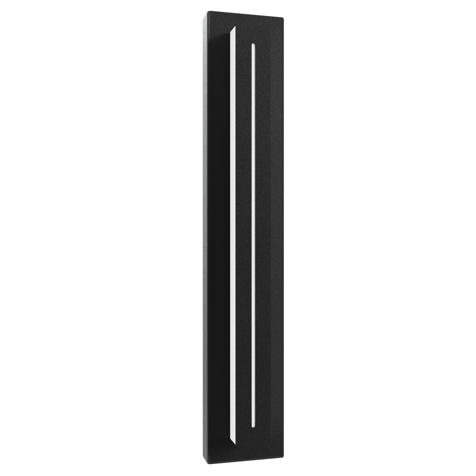 Panneau LED surélevé extérieur Avenue Murale AV3228-BLK vue de face — Luminaire rectangulaire noir de 71 cm (28 po) de hauteur avec panneau LED central saillant, fond blanc
