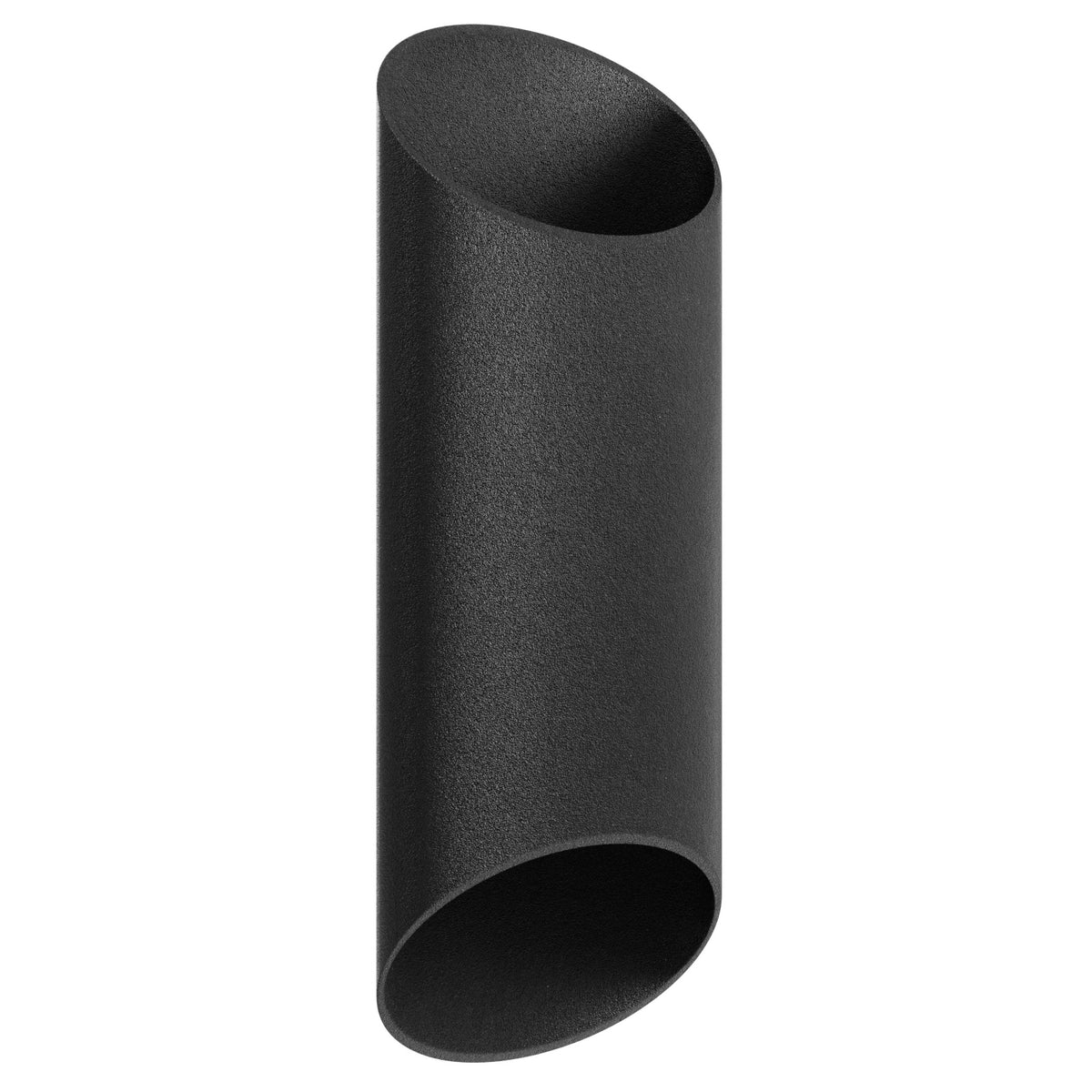 Avenue Outdoor Cylindrical LED Wall Sconce AV9895-BLK three-quarter angle — circular cross-section of black cylinder clearly visible
