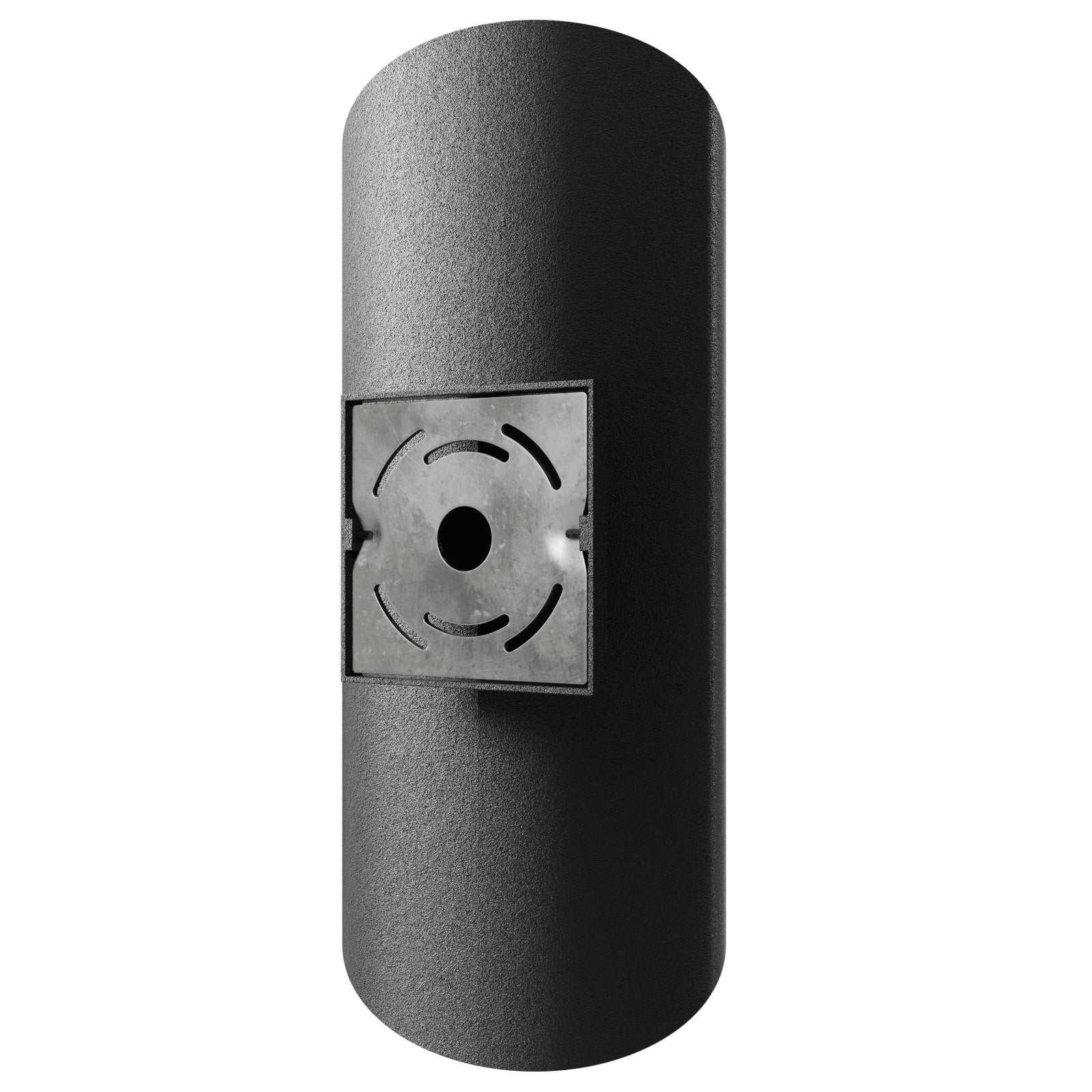 Avenue Cylindrique LED extérieure Murale AV9896-BLK installé à l'extérieur — cylindre noir diffusant une lumière ambiante uniforme sur le mur environnant