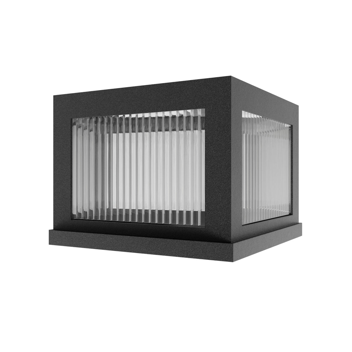 Avenue Outdoor LED Pillar Mount AV9904-BLK three-quarter angle — black square cap shows mounting base designed to sit atop post or pillar