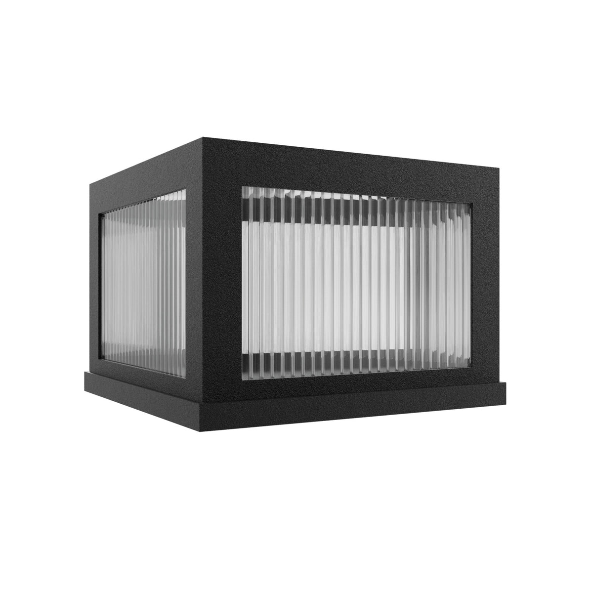 Avenue Outdoor LED Pillar Mount AV9905-BLK top view — 14" square black post cap fixture with LED face, white background