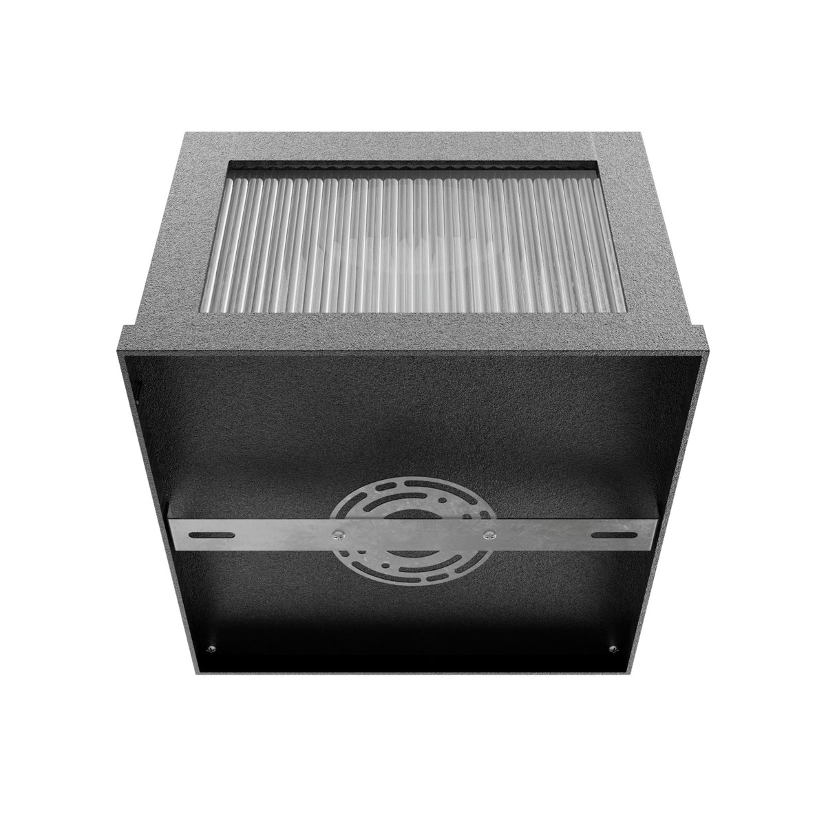 Avenue Outdoor LED Pillar Mount AV9905-BLK three-quarter angle — black square cap shows mounting base designed to sit atop post or pillar