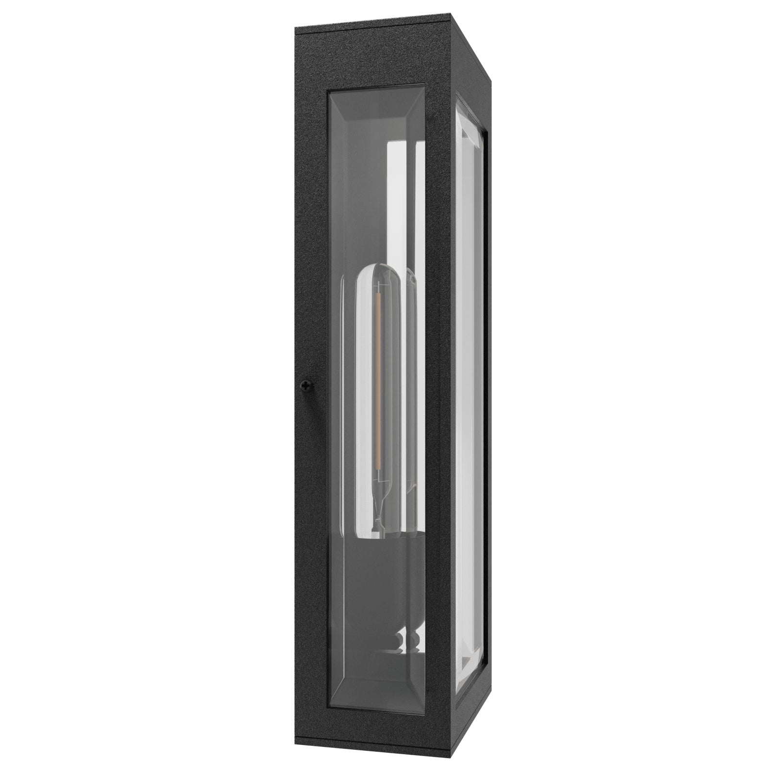 Avenue Outdoor Rectangular Box Wall Sconce AV9906-BLK three-quarter angle — black open box construction showing interior and exposed bulb position