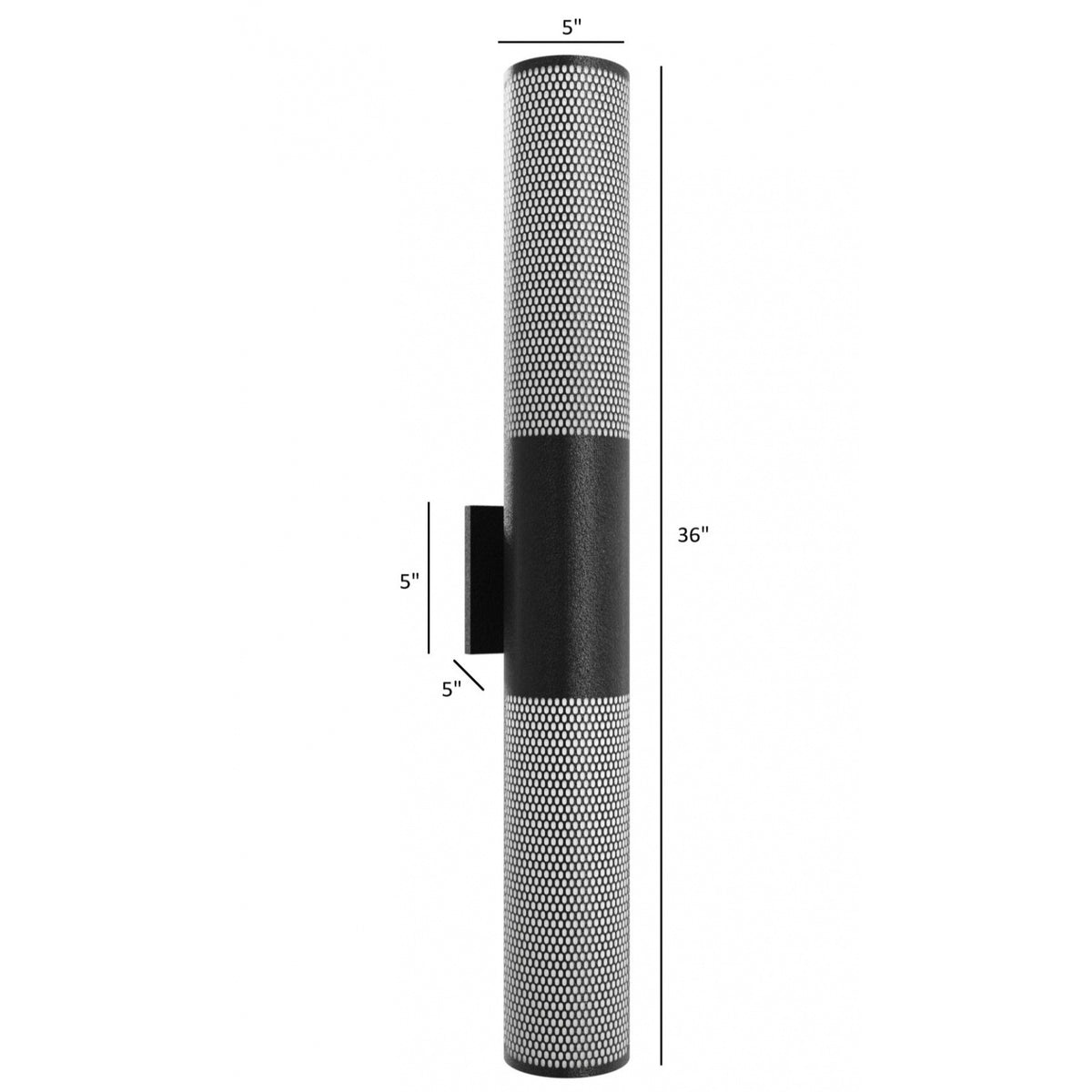 Avenue Outdoor Cylindrique Perforé LED Haut/Bas Murale AV2736-BLK installé à l'extérieur — des poutres ascendantes et descendantes encadrent le cylindre perforé