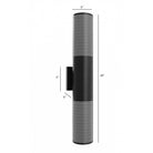 Avenue Outdoor Cylindrique Perforé LED Haut/Bas Murale AV2724-BLK installé à l'extérieur — des poutres ascendantes et descendantes encadrent le cylindre perforé