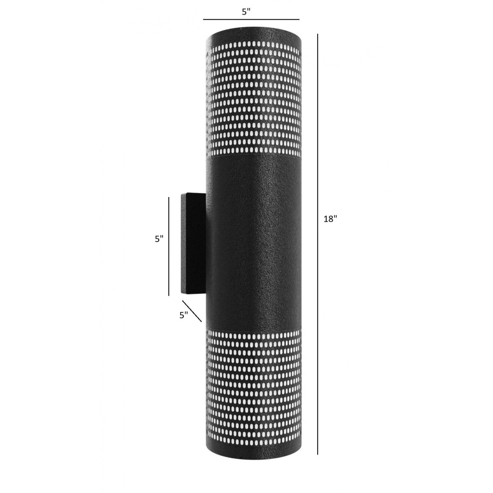 Avenue Outdoor Up/Down Cylindrical Perforated LED Wall Sconce AV2718-BLK installed on exterior — upward and downward beams frame the perforated cylinder